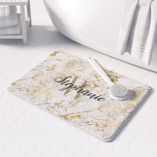 Elegant Gold White Marble Monogram Script Badmat
