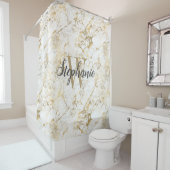 Elegant Gold White Marble Monogram Script Douchegordijn (In situ)