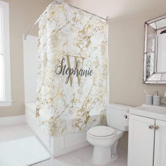 Elegant Gold White Marble Monogram Script Douchegordijn (In situ)