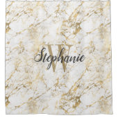 Elegant Gold White Marble Monogram Script Douchegordijn (Voorkant)