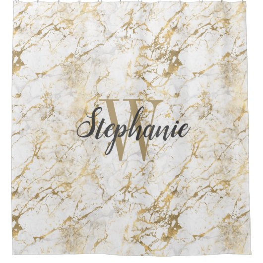 Elegant Gold White Marble Monogram Script Douchegordijn (Voorkant)