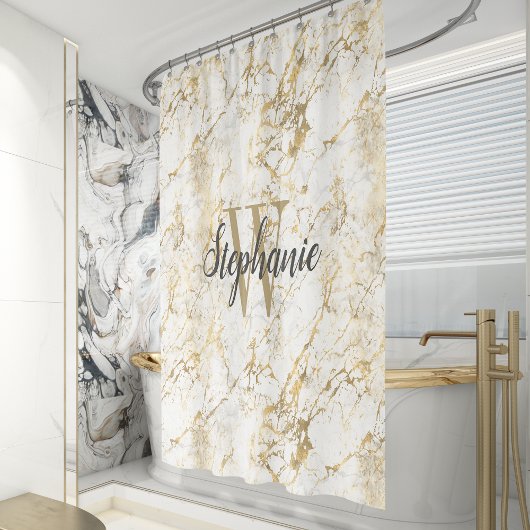 Elegant Gold White Marble Monogram Script Douchegordijn