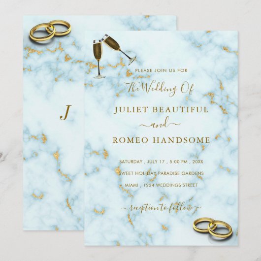 Elegant Gold White marble Rings Wedding Invitation (Voorkant / Achterkant)