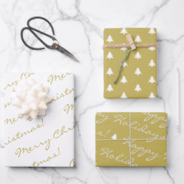 Elegant Gold White Merry kerstfeestbomen Inpakpapier Vel