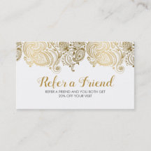 Elegant Gold & White Paisley Kant Referral Kaart