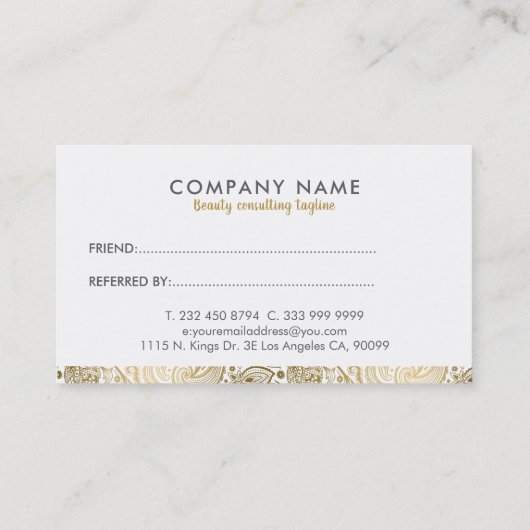 Elegant Gold & White Paisley Kant Referral Kaart (Achterkant)