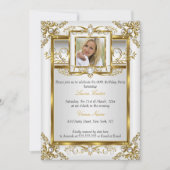 Elegant Gold White Pearl Damask Foto geboortedag 4 Kaart (Voorkant)