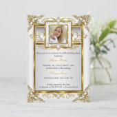 Elegant Gold White Pearl Damask Foto geboortedag 4 Kaart (Staand voorkant)