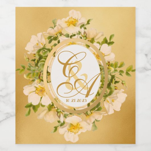 Elegant Gold White Rose - Aangepast monogram Wijn Etiket (Enkel label)