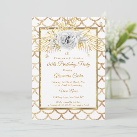 Elegant Gold white Rose Floral Birthday Party Kaart (Staand voorkant)