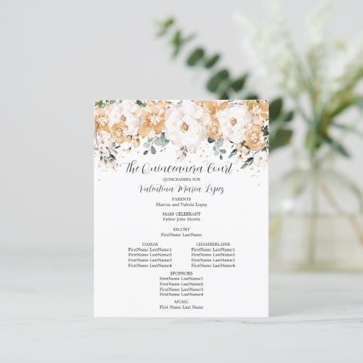 Elegant Gold White Rose Floral Quinceanera Program (Staand voorkant)