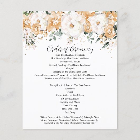 Elegant Gold White Rose Floral Quinceanera Program (Achterkant)
