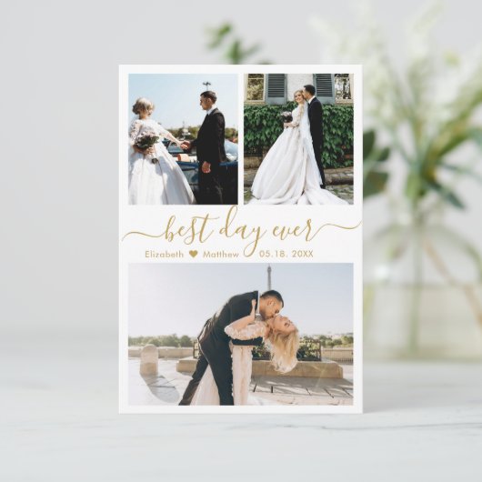 Elegant Gold White Script Photo Collage Wedding Bedankkaart (Staand voorkant)