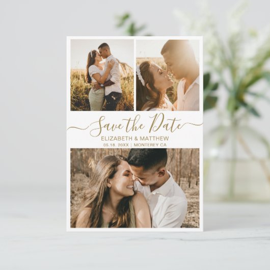 Elegant Gold White Script Photo Collage Wedding Save The Date (Staand voorkant)