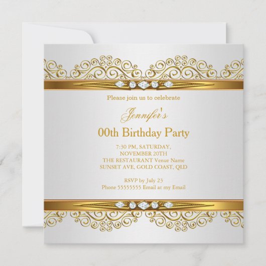 Elegant Gold White Silver Diamond Birthday Kaart (Voorkant)