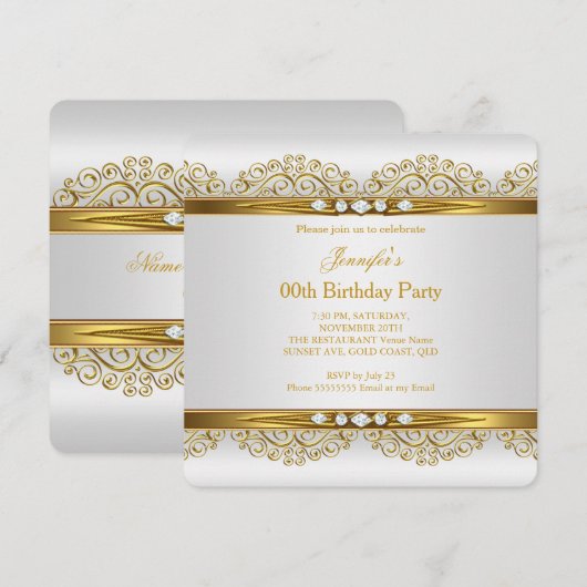 Elegant Gold White Silver Diamond Birthday Party 2 Kaart (Voorkant / Achterkant)