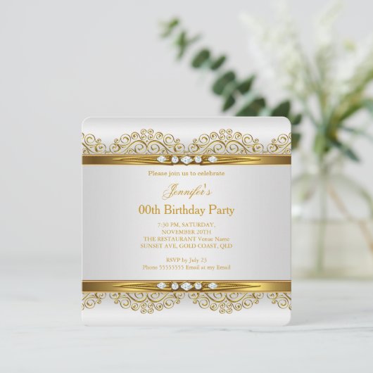 Elegant Gold White Silver Diamond Birthday Party 2 Kaart (Staand voorkant)