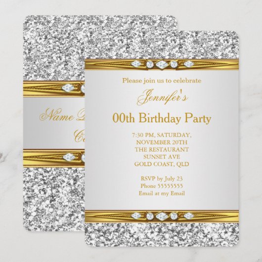 Elegant Gold White Silver Glitter Diamond Birthday Kaart (Voorkant / Achterkant)