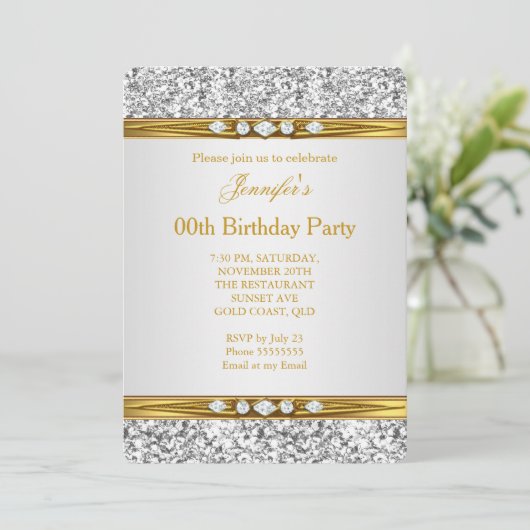 Elegant Gold White Silver Glitter Diamond Birthday Kaart (Staand voorkant)