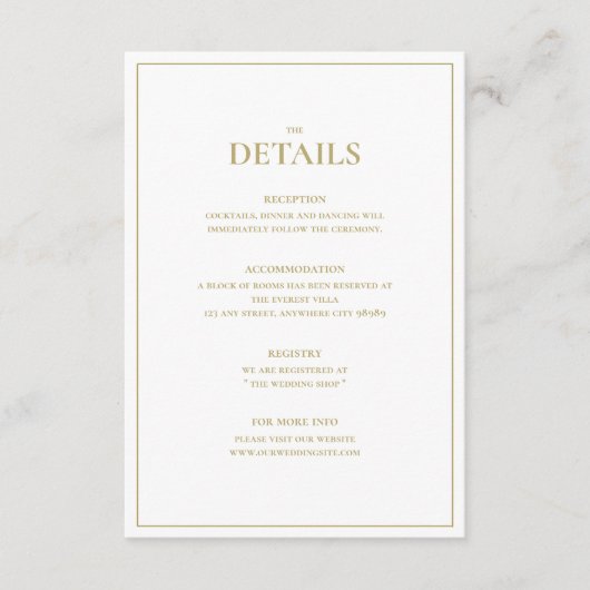 Elegant Gold & White Wedding Detail Enclosure Kaar Informatiekaartje (Voorkant)