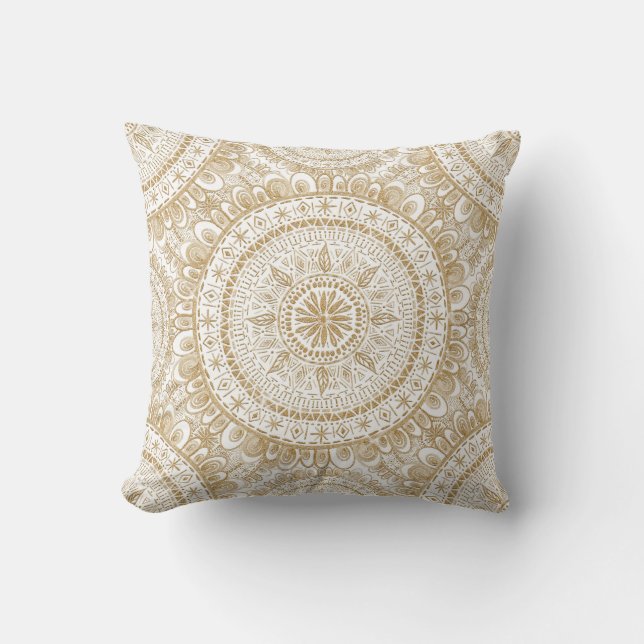 Elegant Gold Winter Flower Mandala White Pattern Kussen (Voorkant)