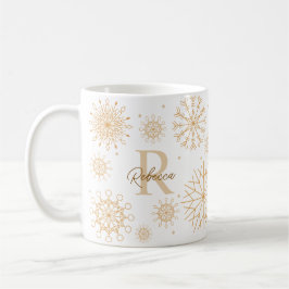 Elegant Gold Winter Geëerd Snowflake Monogram Koffiemok