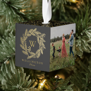 Elegant Gold Winter Wreatmonogram Black 3 Foto Decoratie
