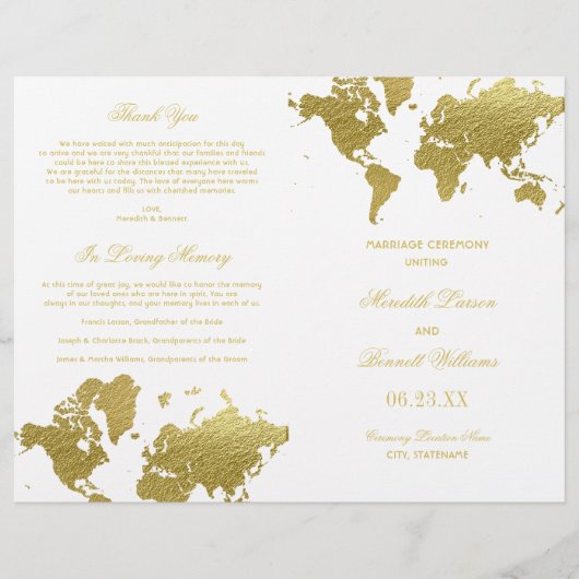 Elegant Gold World Map Wedding Ceremony Programs (Voorkant)