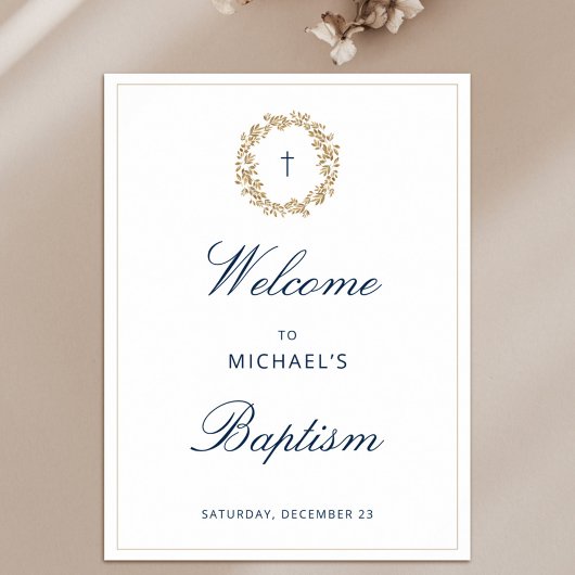 Elegant Gold Wreath Navy Cross Baptism Christening Poster