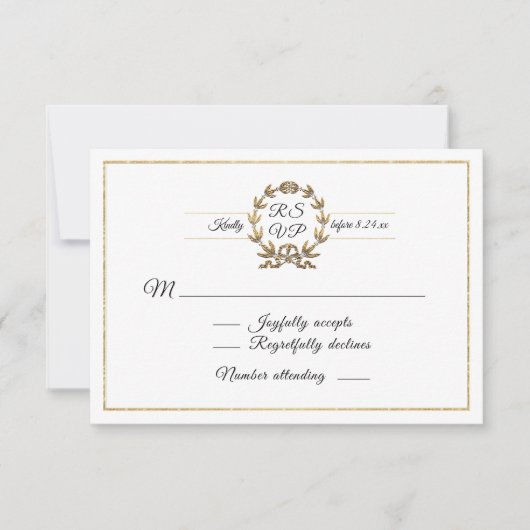 Elegant Gold WreatWhite Script Calligraphy RSVP (Voorkant)