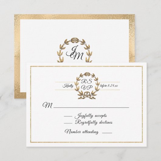Elegant Gold WreatWhite Script Calligraphy RSVP Kaartje (Voorkant / Achterkant)