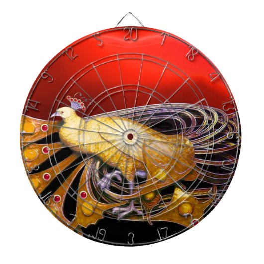 ELEGANT GOLD YELLOW PEACOCK IN RED DARTBORD (Voorkant)