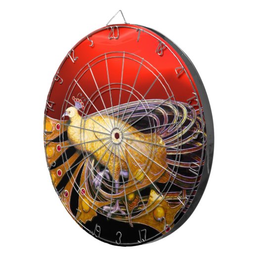 ELEGANT GOLD YELLOW PEACOCK IN RED DARTBORD (Voorkant Rechts)