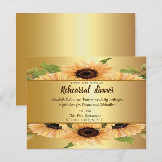 Elegant Gold, zonnebloemen, repetitief diner Kaart (Voorkant / Achterkant)