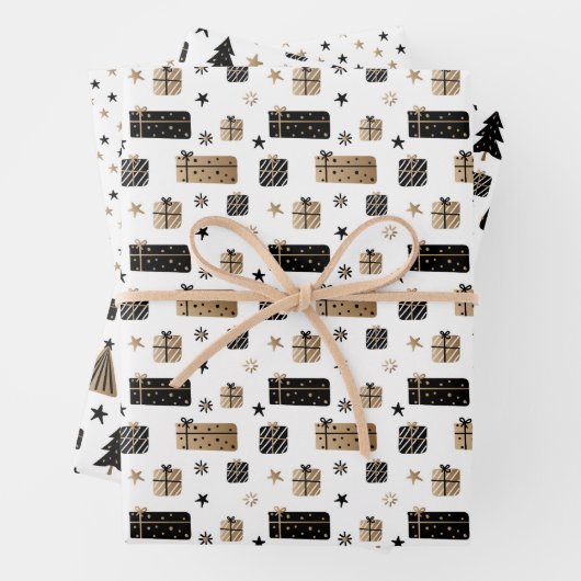 Elegant Gold, zwart en wit, modern kerstfeest Inpakpapier Vel (In situ)