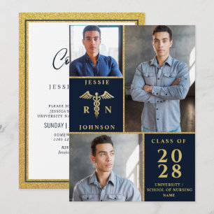 Elegant Golden 3 PHOTO Nursing Graduation Party Kaart