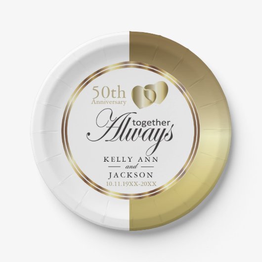 Elegant Golden 50th Heart Design Papieren Bordje (Voorkant)