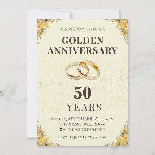 Elegant Golden 50th Wedding Anniversary Invitation Kaart (Voorkant)