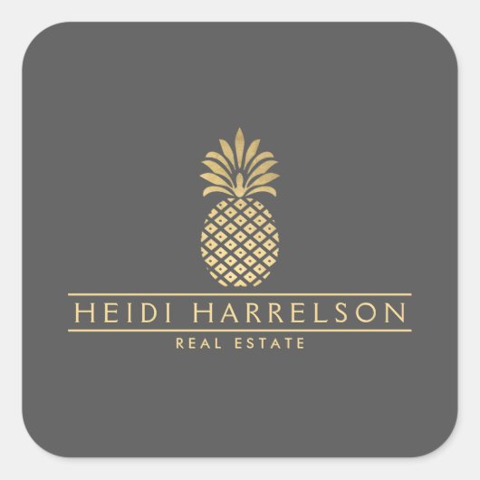 Elegant Golden Ananas Logo op Grijs Vierkante Sticker (Voorkant)