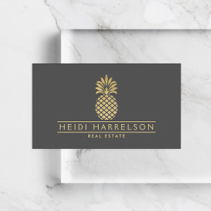 Elegant Golden Ananas Logo op Grijs Visitekaartje