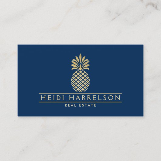 Elegant Golden Ananas Logo op Navy Blue Visitekaartje (Voorkant)