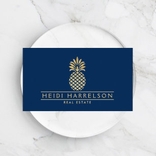 Elegant Golden Ananas Logo op Navy Blue Visitekaartje
