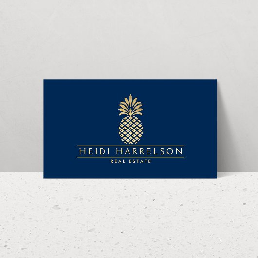 Elegant Golden Ananas Logo op Navy Blue Visitekaartje