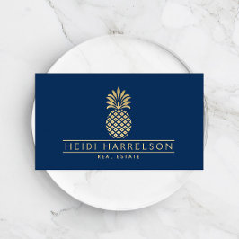 Elegant Golden Ananas Logo op Navy Blue Visitekaartje