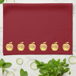 Elegant Golden Apples on Red Theedoek