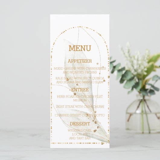 Elegant Golden Arch Botanical Wedding Menu Kaarten (Staand voorkant)