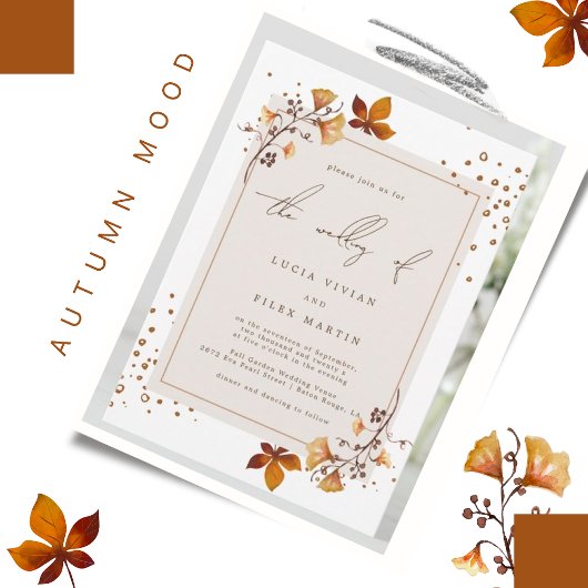 Elegant Golden Autumn Leaf Photo Wedding Kaart