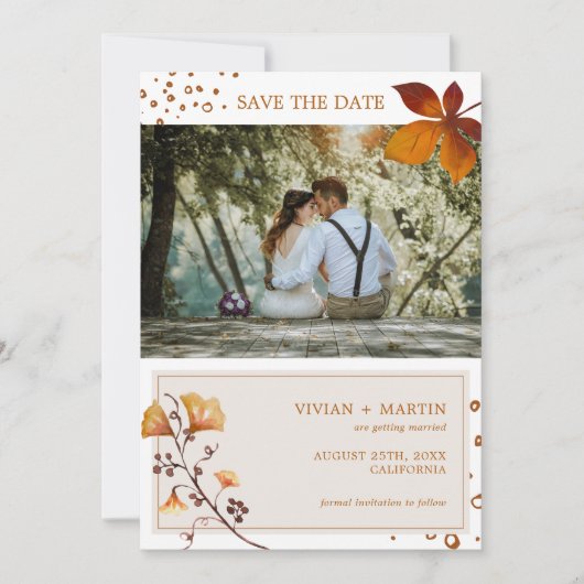 Elegant Golden Autumn Leaf Photo Wedding Save The Date (Voorkant)