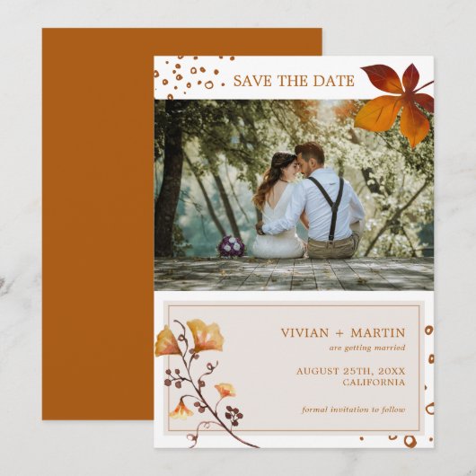Elegant Golden Autumn Leaf Photo Wedding Save The Date (Voorkant / Achterkant)