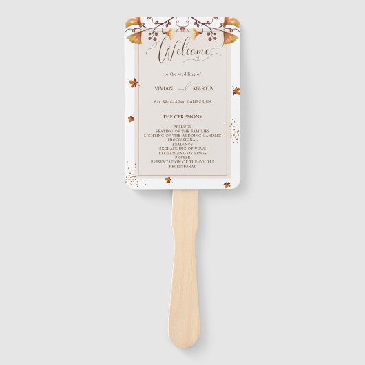 Elegant Golden Autumn Leaf Trouwprogramma Handwaaier (Voorkant)